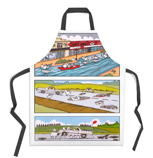 SW02_APW.  Quirky art by Sally wilsonon Apron.
Flooded Street and chooks in Potholes
Printed and made in Australia.