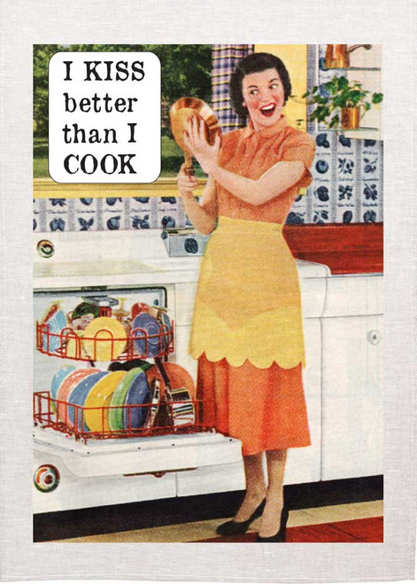 Retro housewife Printed Tea Towel, I kiss better than I cook Made in Australia