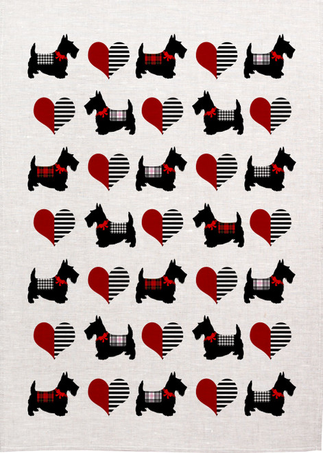 Scotty Dogs With Hearts Repeat Pattern Printed Tea Towel