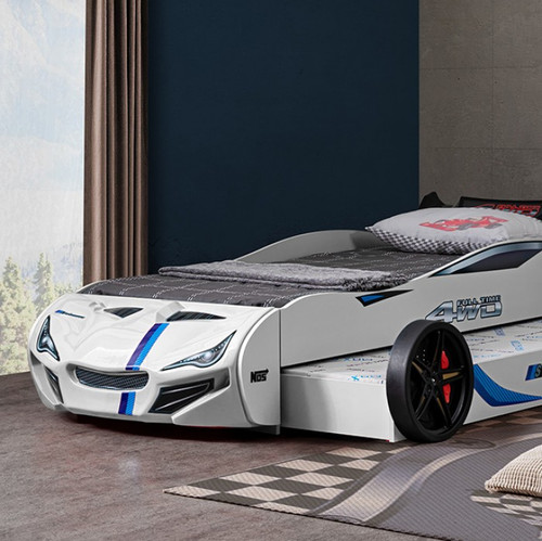 Tracklite Car Bed w/ Trundle, White (FOA7735WH-BED)