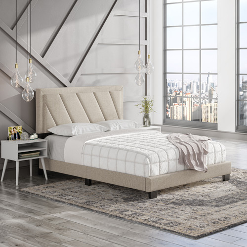 Diagonal Platform Bed 4 Slats Linen EK White