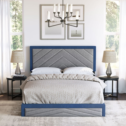 Barcelona Platform Bed 14 Slats Linen DB Blue/Gray