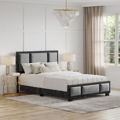 QN BAVARIA SILVER / BLACK VELOUR PLATFORM BED