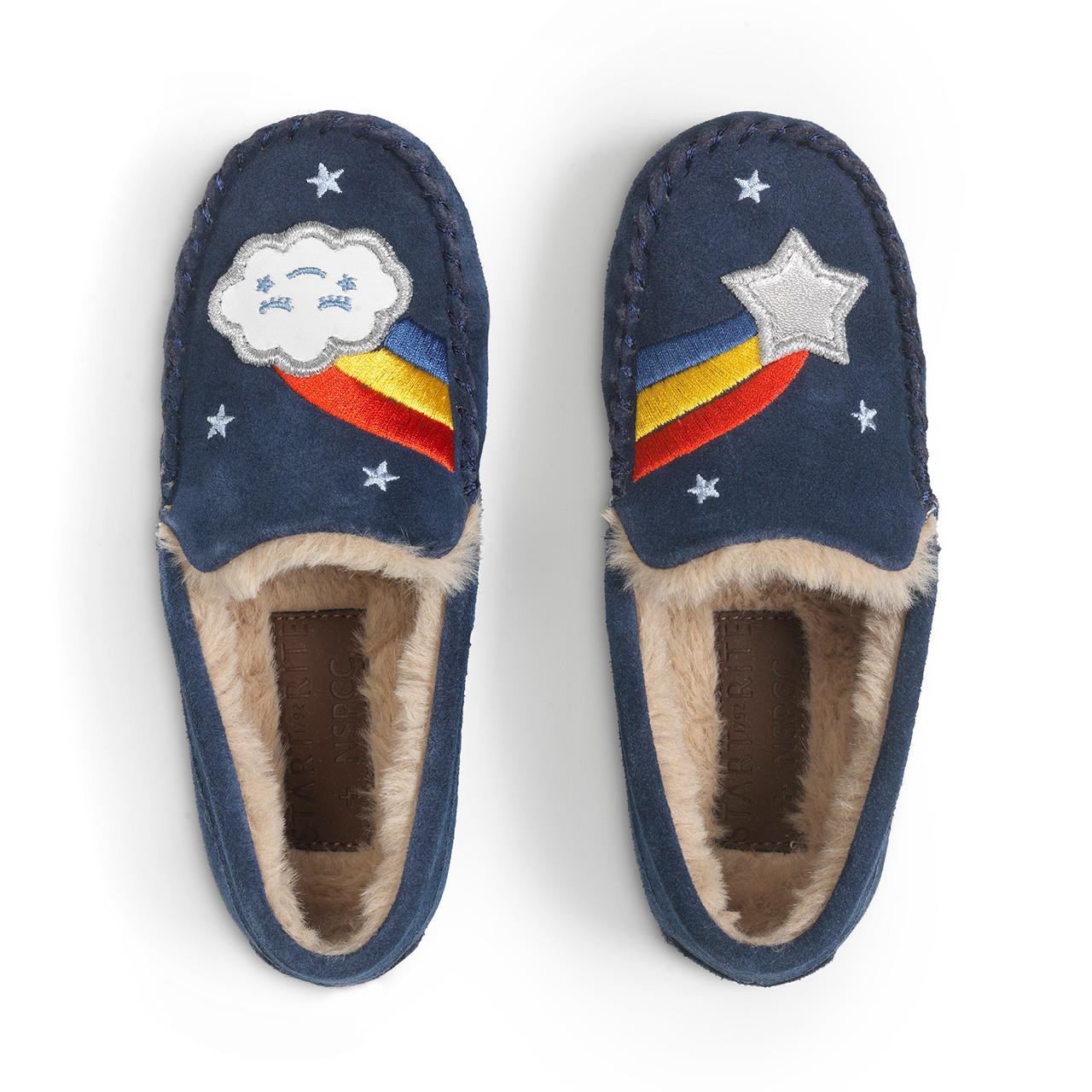 Snuggle, Navy blue suede NSPCC rainbow slip-on slippers