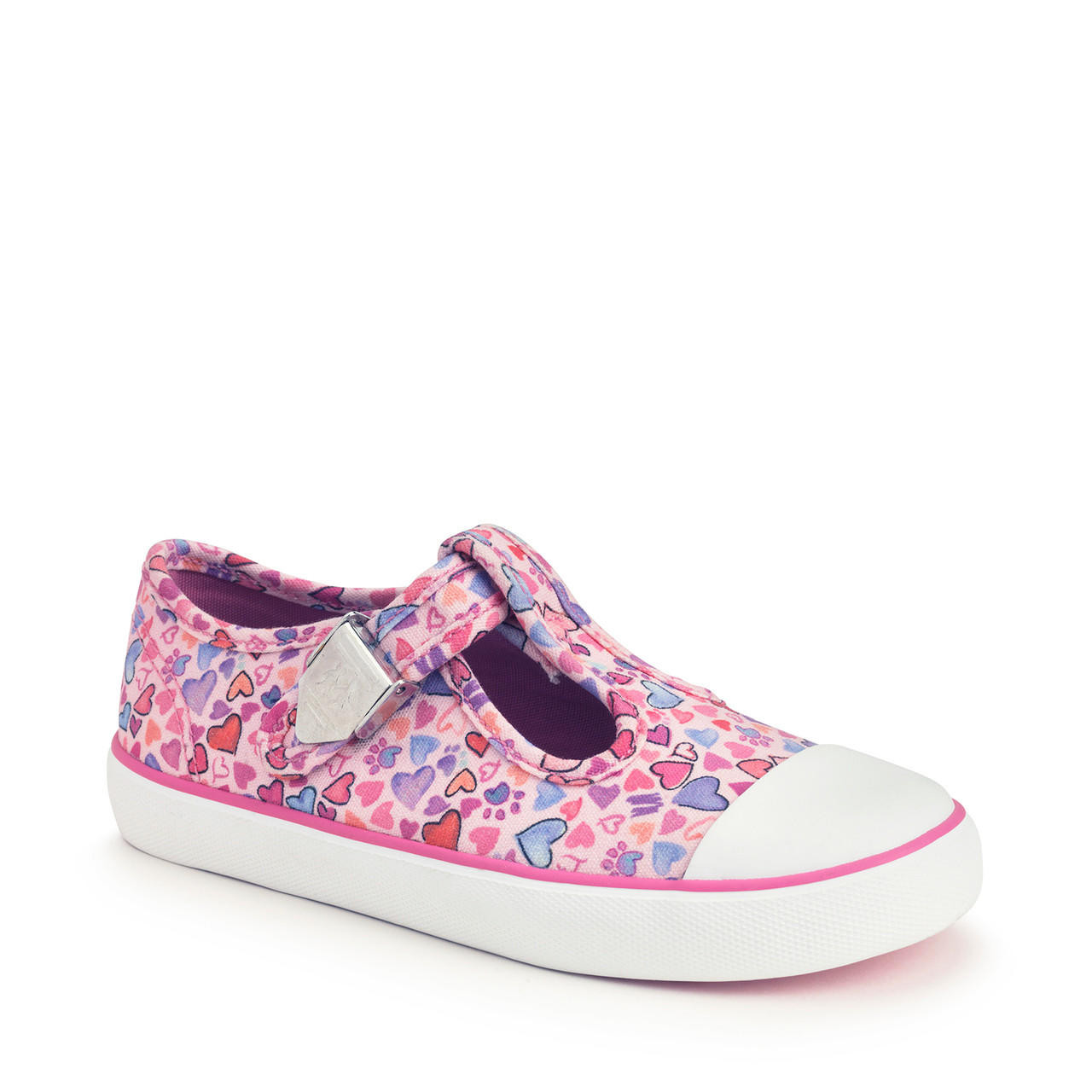 Sweets, Pink heart print girls t-bar buckle canvas