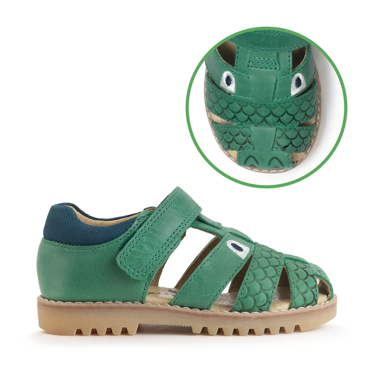 Dino Park, Green leather rip-tape fisherman sandals