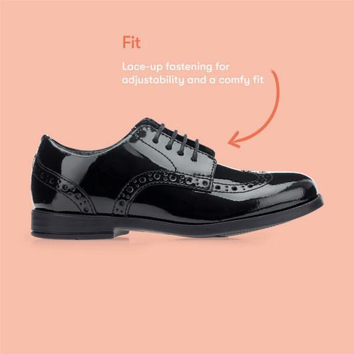 Brogue Snr, Black patent girls lace-up closed school shoes