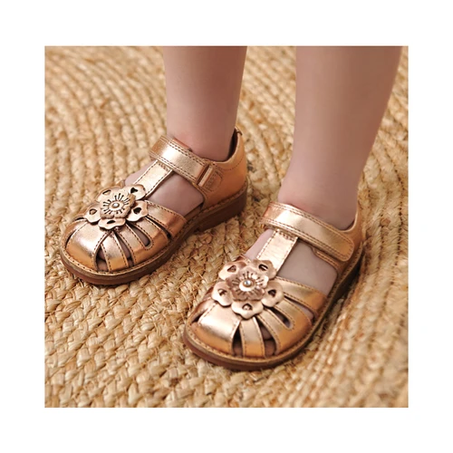 Flora, Rose gold metallic leather girls rip-tape sandals 5198_0