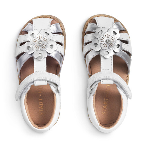 Flora, White/silver leather girls riptape first sandals