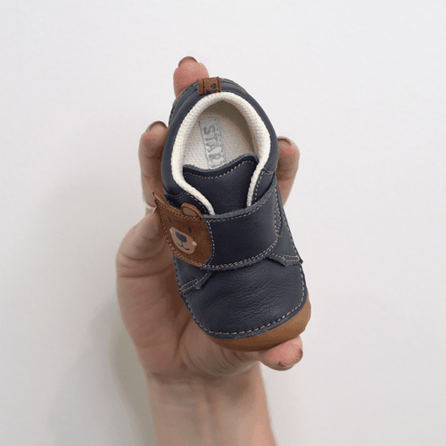 Start-Rite Shoes Bear Hug, French navy leather bear rip-tape pre-walking shoes