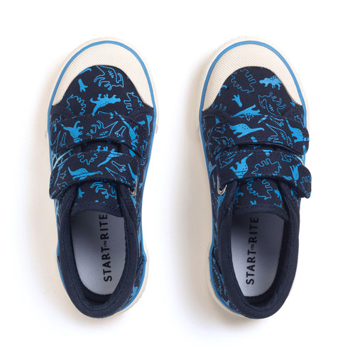 Start-Rite Shoes Raptor, Navy blue dino print boys and girls rip-tape canvas shoes 
