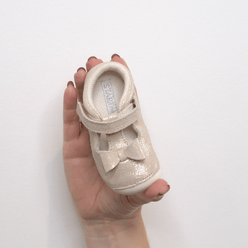 Start-Rite Shoes Wiggle, Pale gold glitter nubuck girls t-bar pre-walker shoes