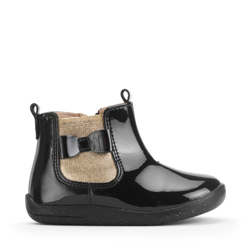 Start-Rite Shoes Wonderland, Black patent/gold girls zip-up first Chelsea boots