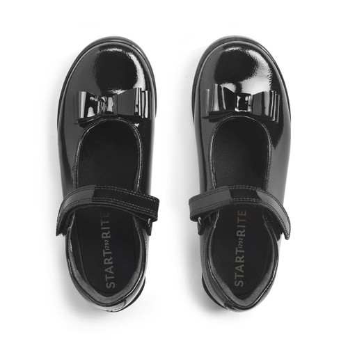 Start-Rite Shoes Flourish, Black patent girls rip-tape bow school shoes 