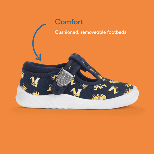 Start-Rite Wriggles, T-bar navy digger print buckle first walking shoes