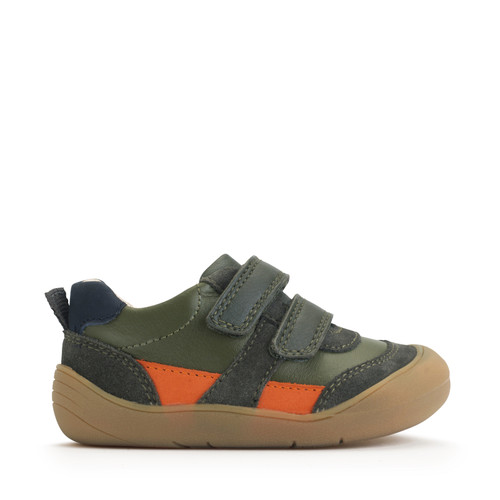 Start-Rite Duel, Dark green leather and orange casual rip-tape first walking trainers 0851_5