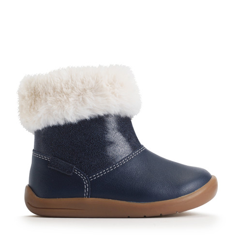 Start-Rite Flurry, Navy leather girls zip-up fur first ankle boots 0855_9
