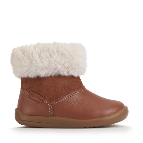Start-Rite Flurry, Tan leather/ suede girls zip-up fur first ankle boots 0855_0