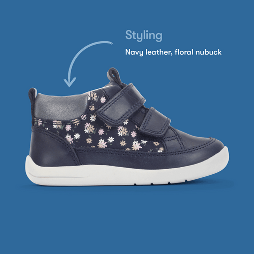 Start-Rite Rove, Navy leather floral nubuck girls rip-tape first casual boots 0857_9
