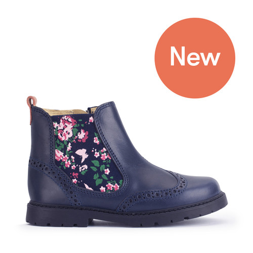 Start-Rite Chelsea, Navy blue leather/floral girls zip-up ankle boots 1727_69