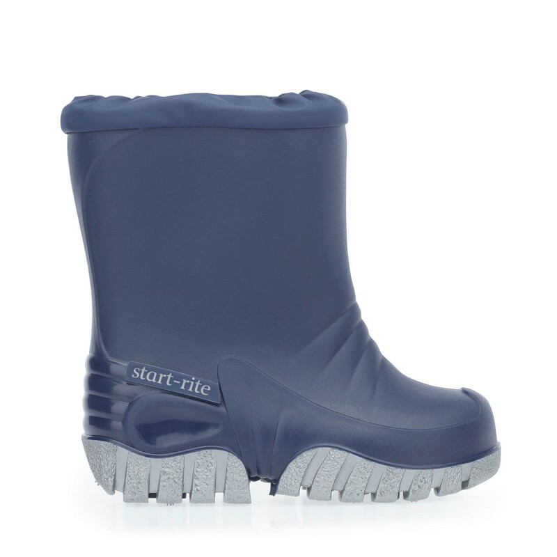 Side view of navy Baby Mudbuster kids wellies