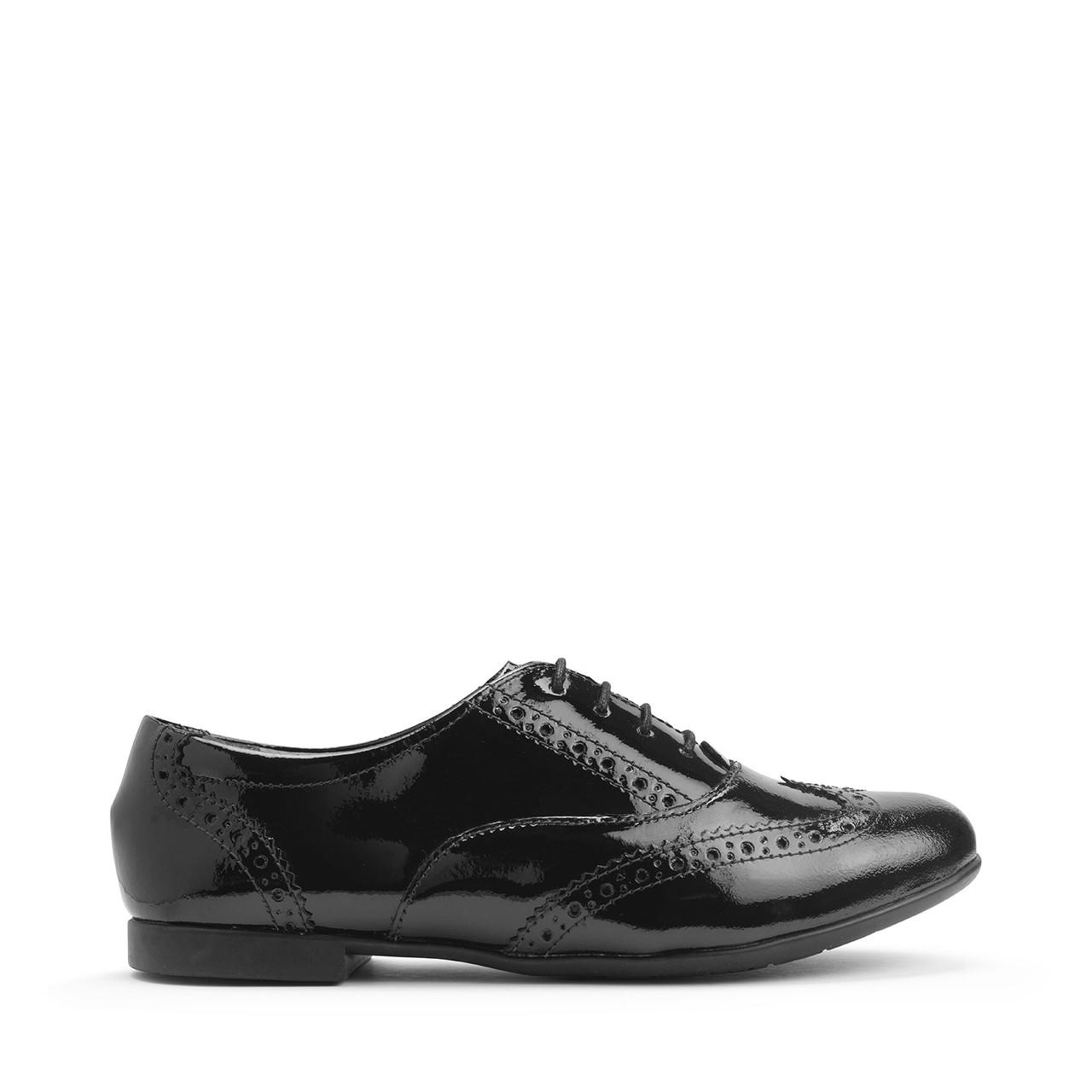 Flat Lace Up Black Patent Brogue School Shoes Matilda, Black