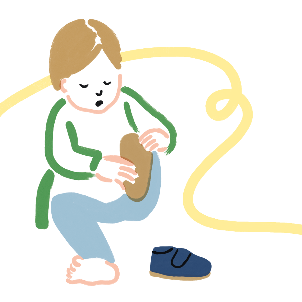 Illustration of a child putting on a shoe