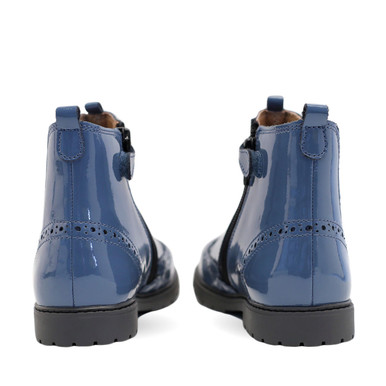 Chelsea, Dusty blue patent girls zip ankle boots