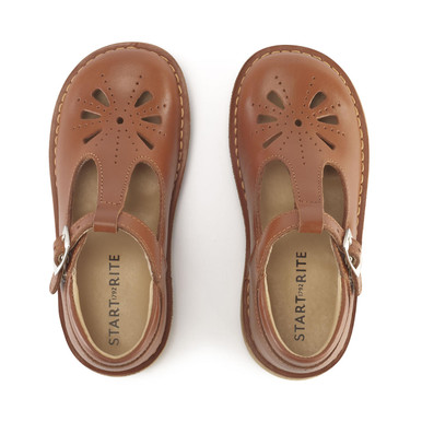 Lottie, Tan leather classic t-bar buckle shoes