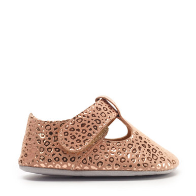 Rhyme, Rose gold suede/leopard girls t-bar pre-walking pram shoes