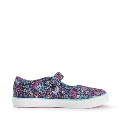 Busy Lizzie, Navy floral girls single bar rip-tape canvas shoes