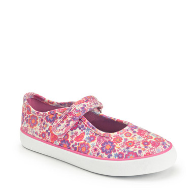 Busy Lizzie, Pink floral girls single bar rip-tape canvas shoes