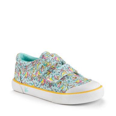 Dino-Mite, Multi colour dino print closed rip-tape canvas shoes