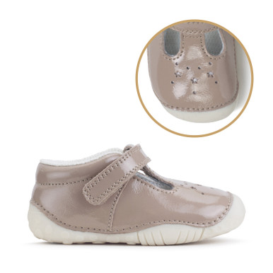 Tumble, taupe leather baby girls t-bar pre-walkers