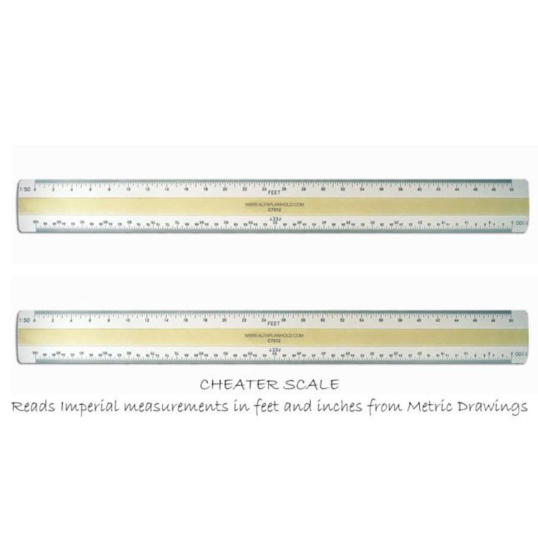 4-Bevel Metric/Imperial Conversion Cheater Scale 12" Flat Scale 1:5, 1:10, 1:20, 1:50 and 1:100 feet/inch - AlfaPlanhold.Com