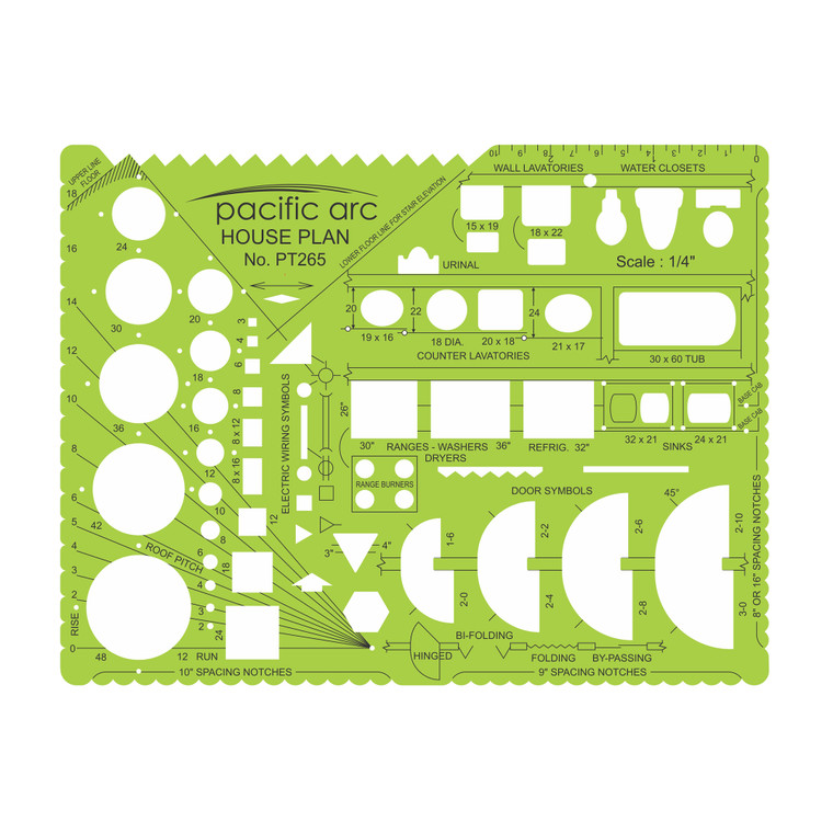 Pacific Arc House Plan Template with 63 openings, 1/4" scale Size 5.5" x 9.75" PT-265 - AlfaPlanhold.Com