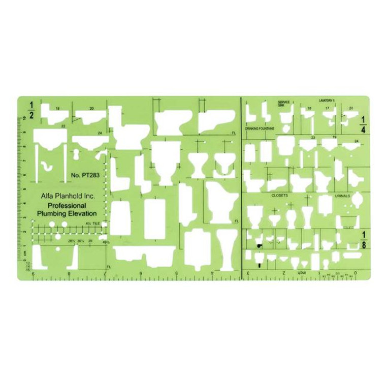 Pacific Arc Pro Plumbing Elevation Template with 86 openings, 1/4", 1/8" & 1/2" PT-283 - AlfaPlanhold.Com