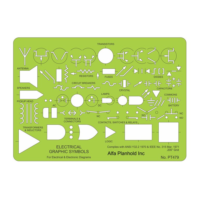 Pacific Arc Electrical Graphic Symbols Template with 117 openings Size 5" x 7" PT-479 - AlfaPlanhold.Com