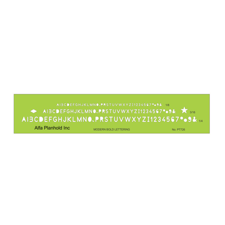 Pacific Arc Modern Bold Lettering Template, sizes 1/8", 3/16", & 1/4" capitals Size 2" x 10", PT-726 - AlfaPlanhold Canada