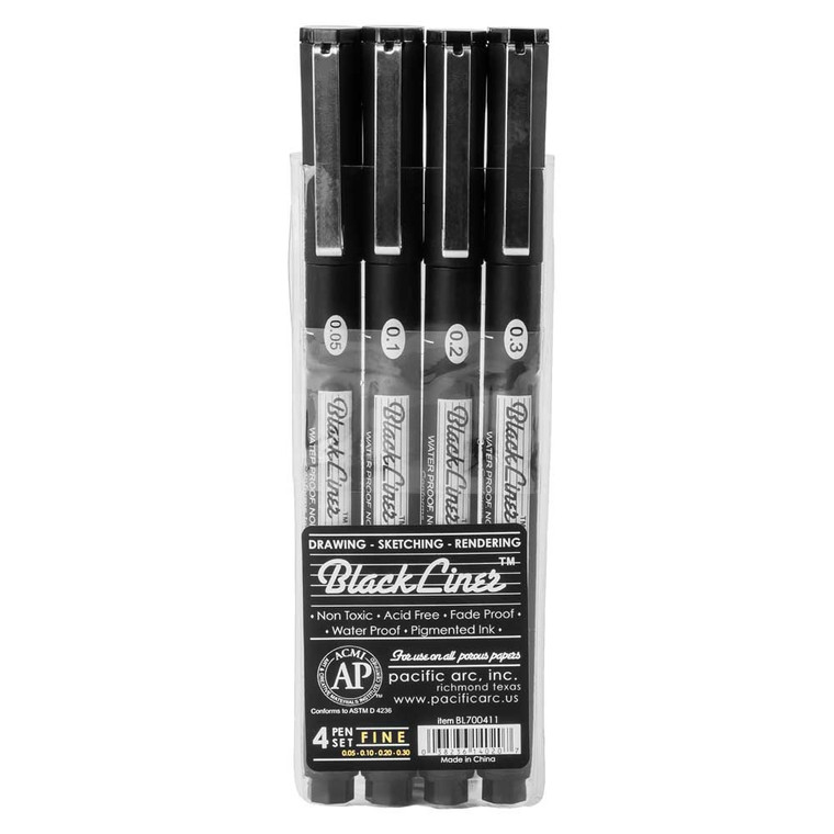 Pacific Arc Blackliner Fine Line Drawing Pen, set of 4 - Fine .05,0.1, 0.2, 0.3mm  BL700411 - AlfaPlamnhold.Ca