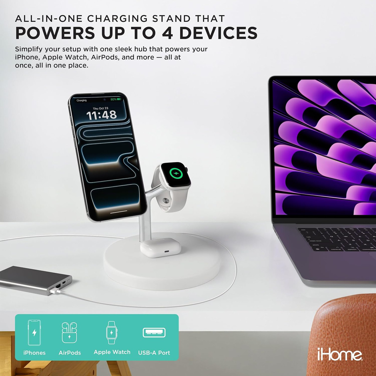 iHome Magnetic Charging Stand, Wireless Charger for iPhone, Apple Watch, AirPods | Brand New