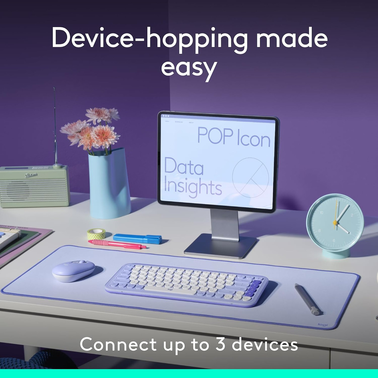 Logitech POP ICON Wireless Bluetooth Keyboard and Mouse Combo - Lilac | Brand New