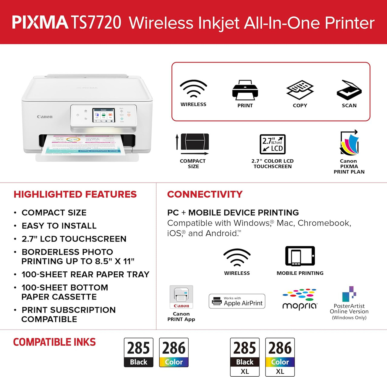 Canon PIXMA TS7720 Wireless All-in-One Color Inkjet Printer – Print, Copy, Scan | Scratch & Dent | MX00293