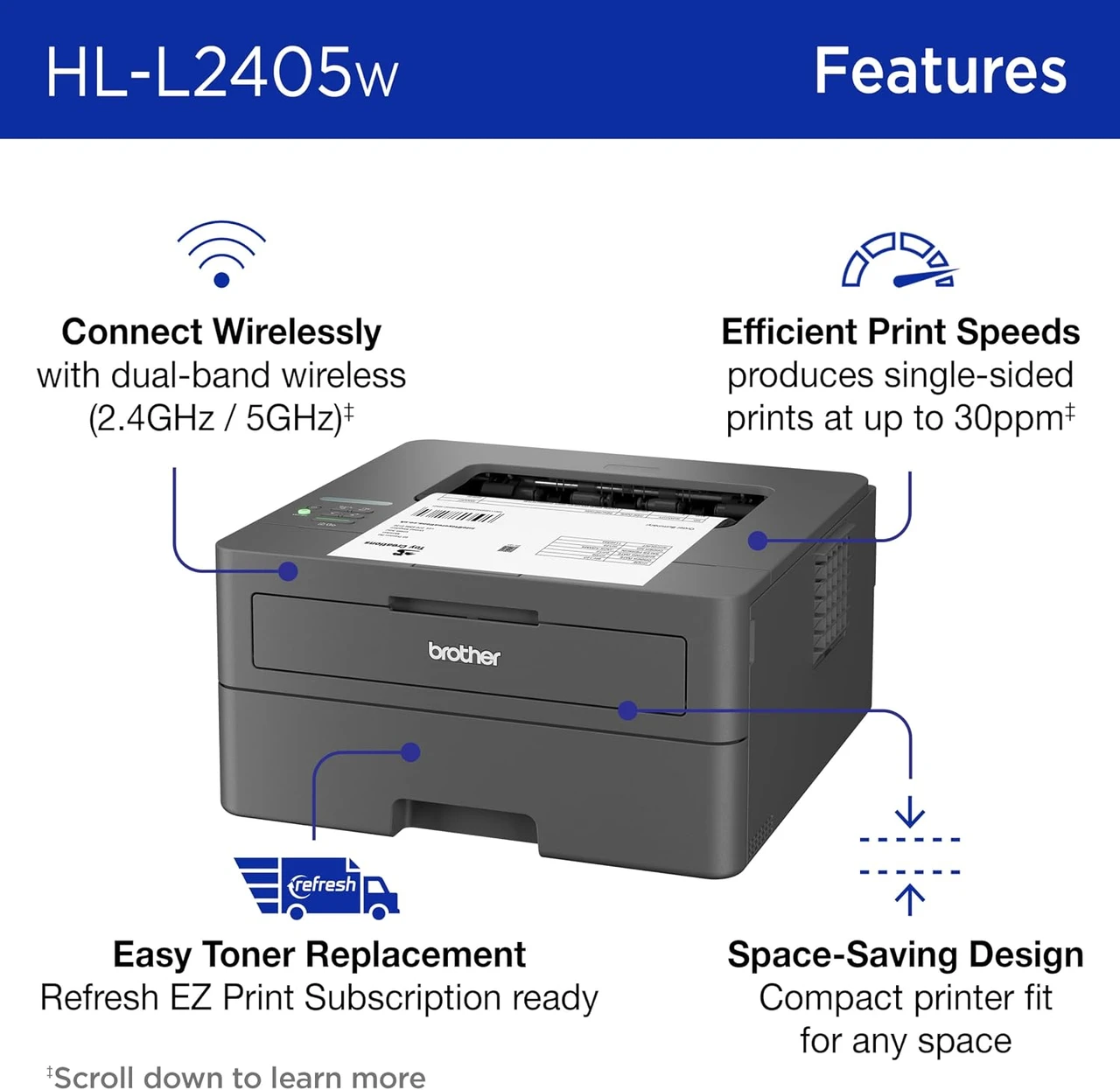 Brother HL-L2405W Wireless Compact Monochrome Laser Printer Works with Alexa | Scratch & Dent | MX00291