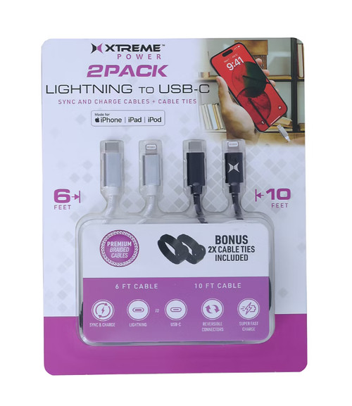 Xtreme 6' and 10' Premium Braided Cables Lightning to Type C, 2 pk. | Brand New Xtreme 6' and 10' Premium Braided Cables Lightning to Type C, 2 pk. | Brand New