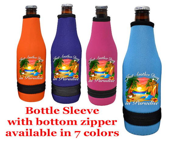 Cruise themed bottle sleeve.  Colorful art work on front with optional back design with name. Design 015