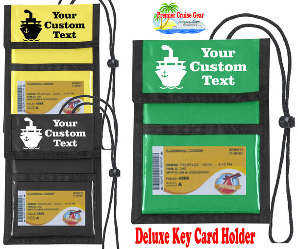 Cruise Card Holder to keep your Key card handy and safe.  Pockets to hold money, schedules and more. - Choice of color - Custom 3