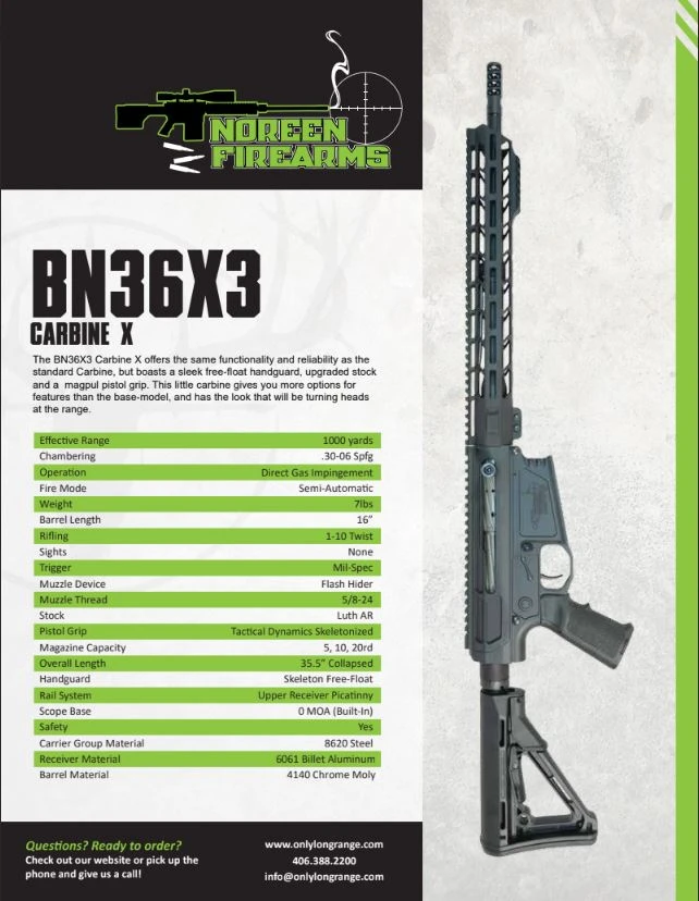 BN36X3 Carbine X Spec Sheet – Product Overview (30-06 / 300 Win Mag) – Printable product card outlining specs, features, and caliber options for the BN36X3 Carbine X. Ideal for customer reference, dealer listings, or catalog use.