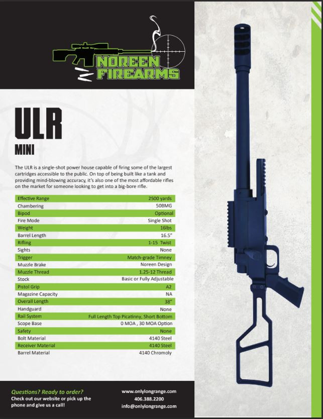 ULR Mini 50 BMG Spec Sheet – Full Overview – This downloadable PDF provides a detailed look at the ULR Mini’s specs, features, and available upgrades. Includes barrel length, weight, operation, and compatibility info. A quick reference for buyers and dealers alike.