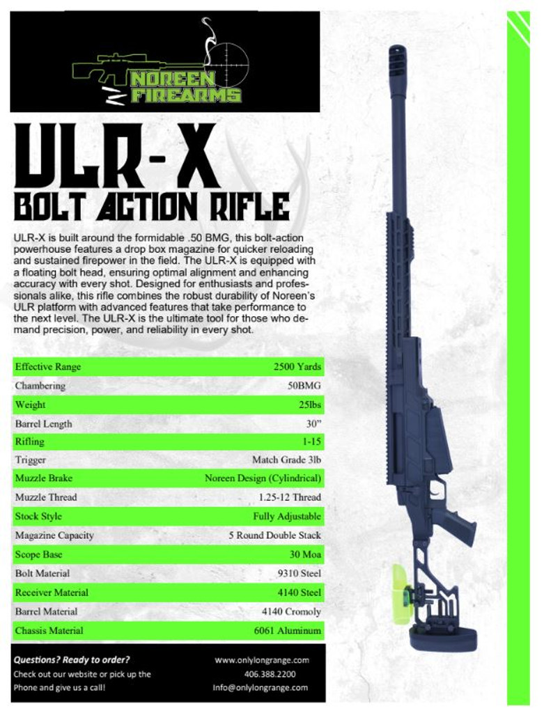 ULR X Rifle Specs Overview – .50 BMG Bolt Action Platform – Marketing-ready graphic highlighting the ULR X’s full list of features, including magazine, barrel, stock, and future caliber expansion (.416 Barrett, 408 CheyTac, and more).